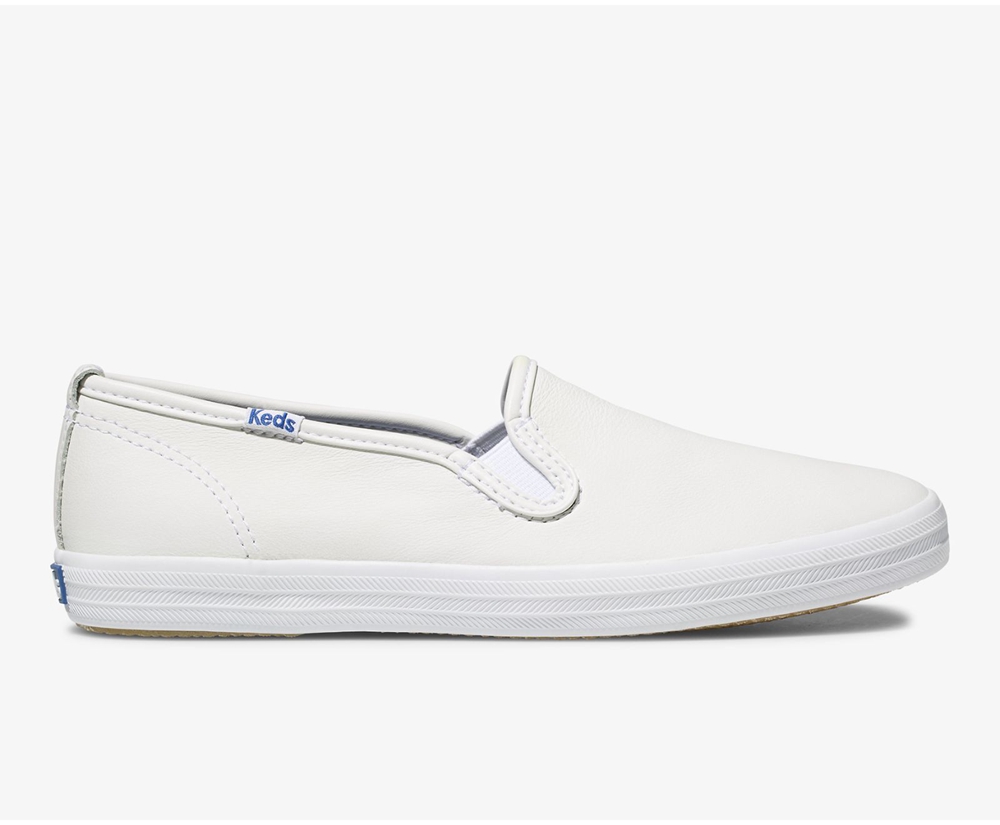 Slip Ons Keds Mujer Blancas - Champion Slip On Cuero - 579-UMRTWZ